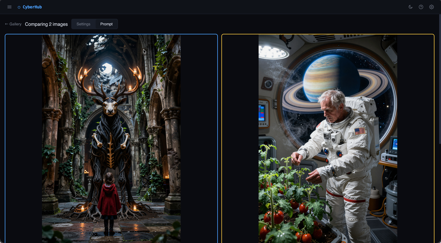 CyberHub Compare showing two generated images side by side