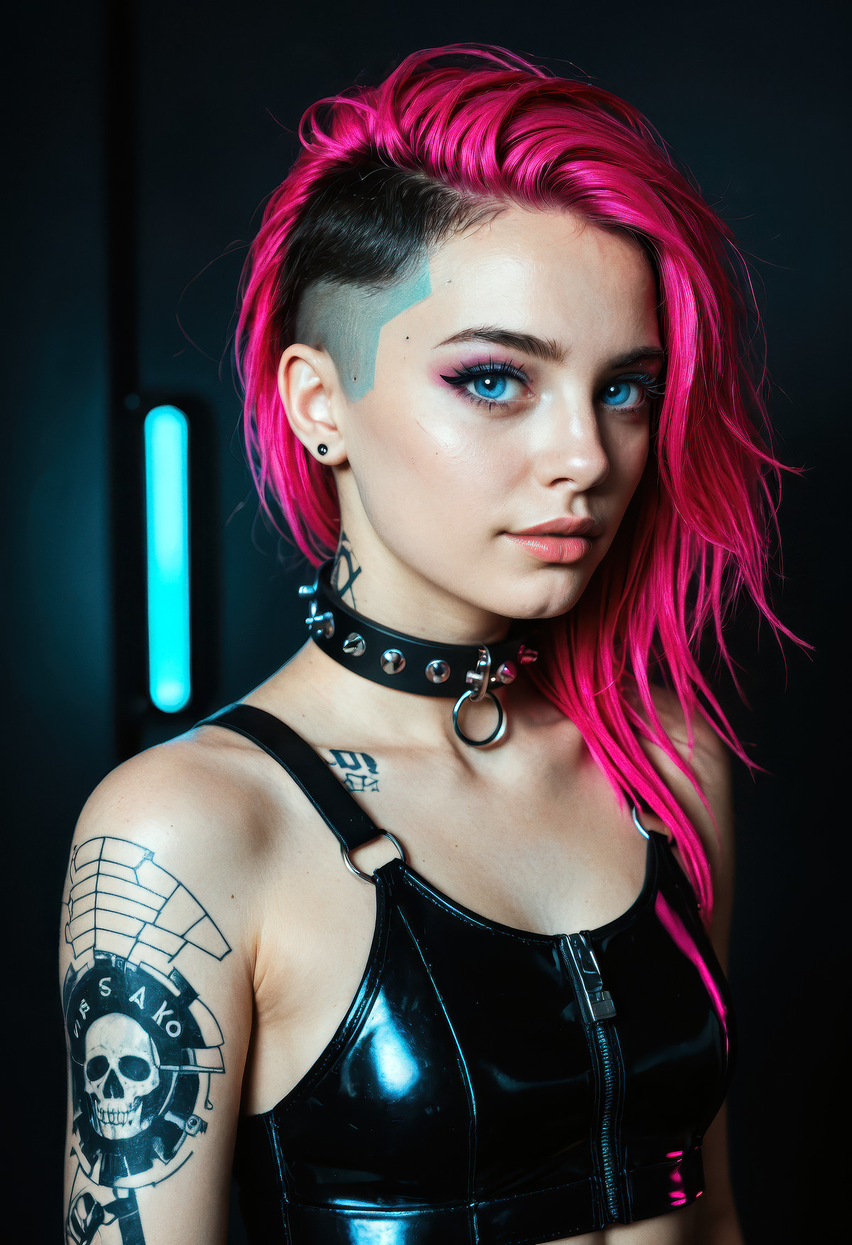 Pink-haired cyberpunk portrait generated with CyberRealistic Pony